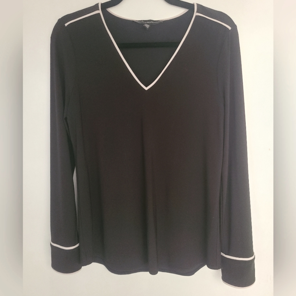 WHBM Piped Blouse Sz S, Black with Ecru Trim
